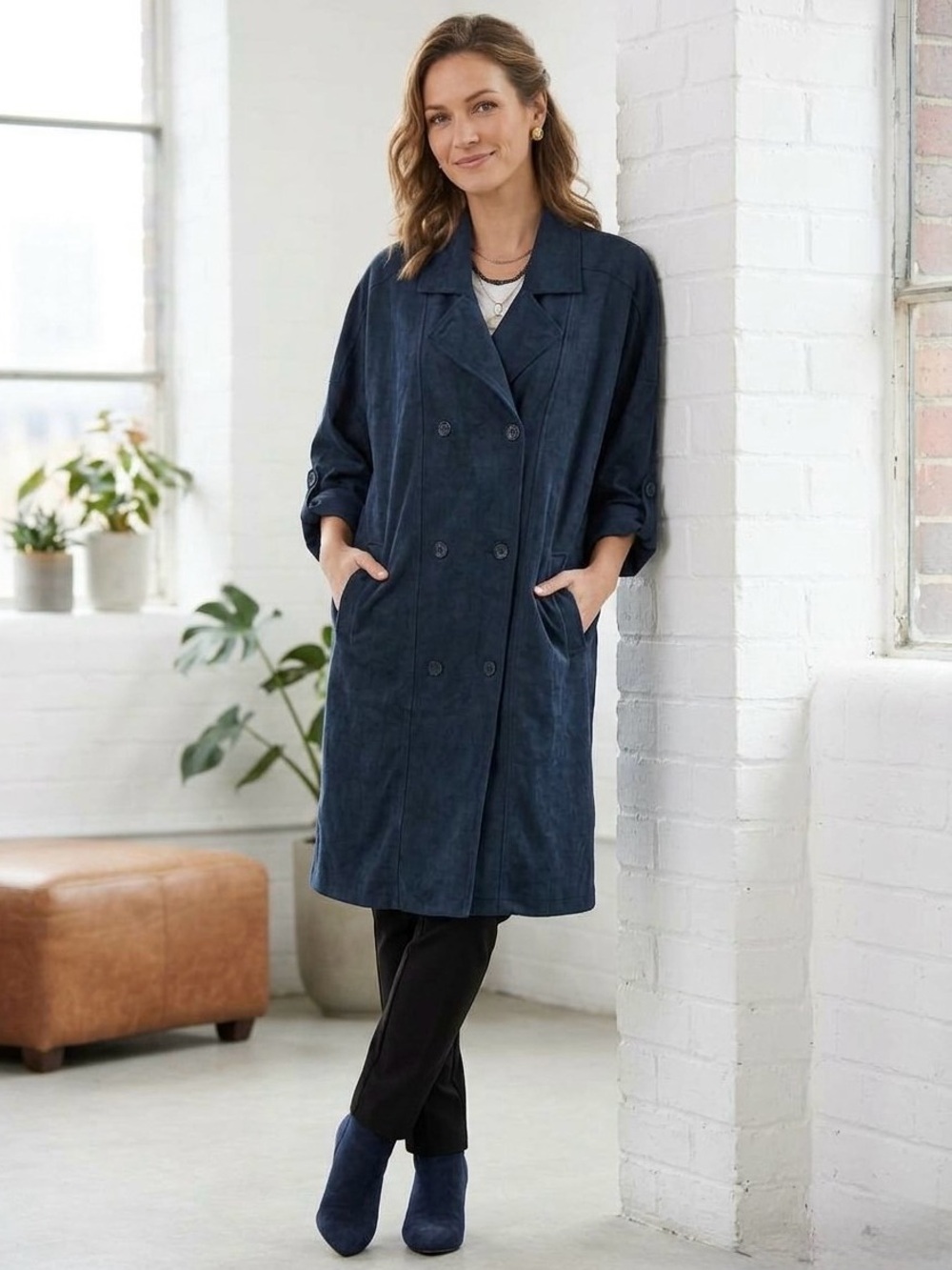 Jane Plus One Faux Suede Double Breasted Oversized Duster Jacket Navy Size M